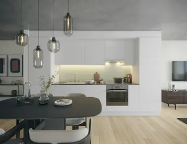 a kitchen with a table, chairs, and a television