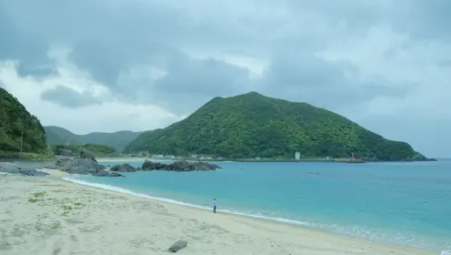 a beach with a mountain in the background